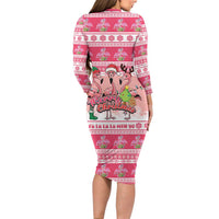 Flamingo Pink Christmas Long Sleeve Bodycon Dress Fa La La La Min Go - Wonder Print Shop