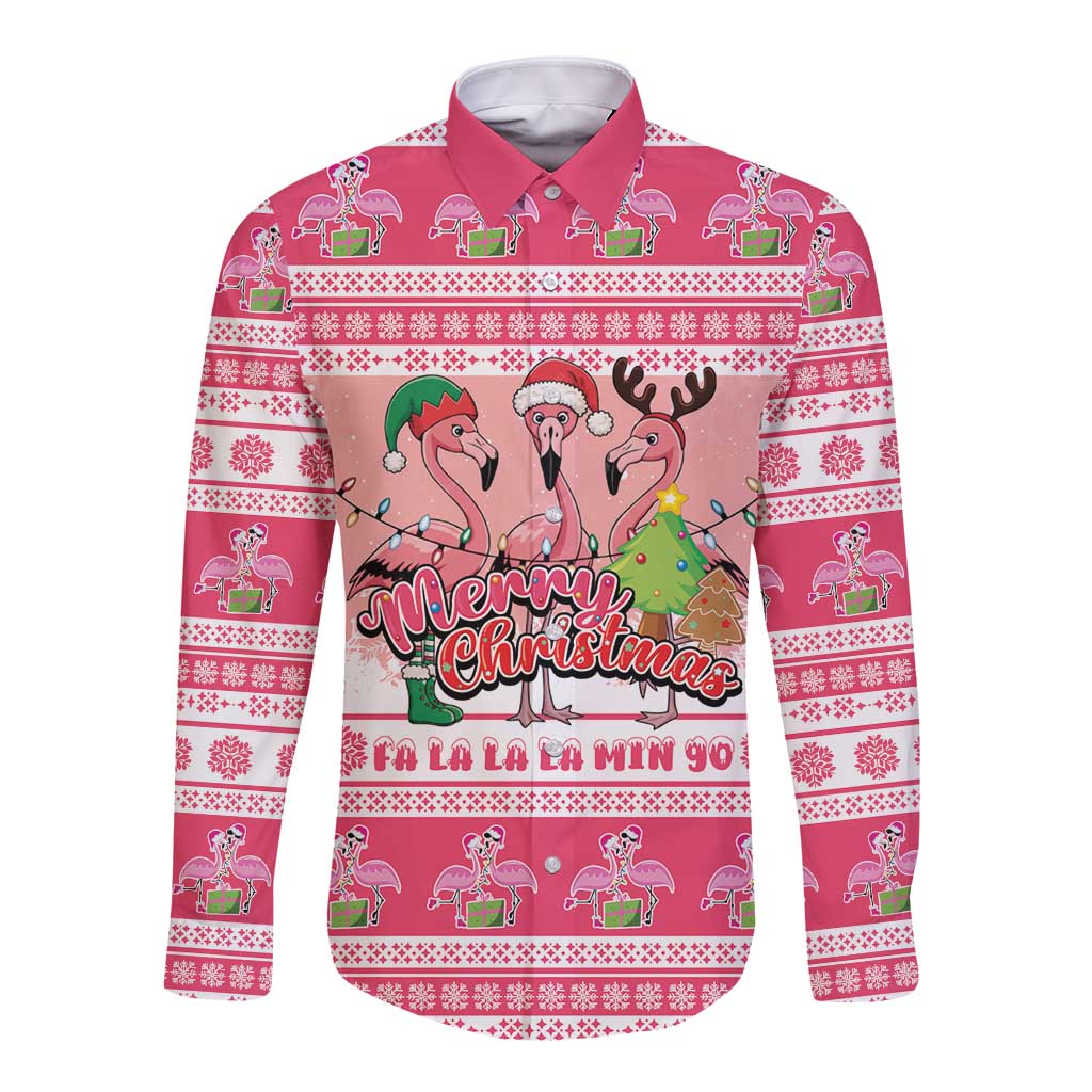 Flamingo Pink Christmas Long Sleeve Button Shirt Fa La La La Min Go - Wonder Print Shop