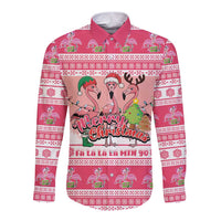 Flamingo Pink Christmas Long Sleeve Button Shirt Fa La La La Min Go - Wonder Print Shop