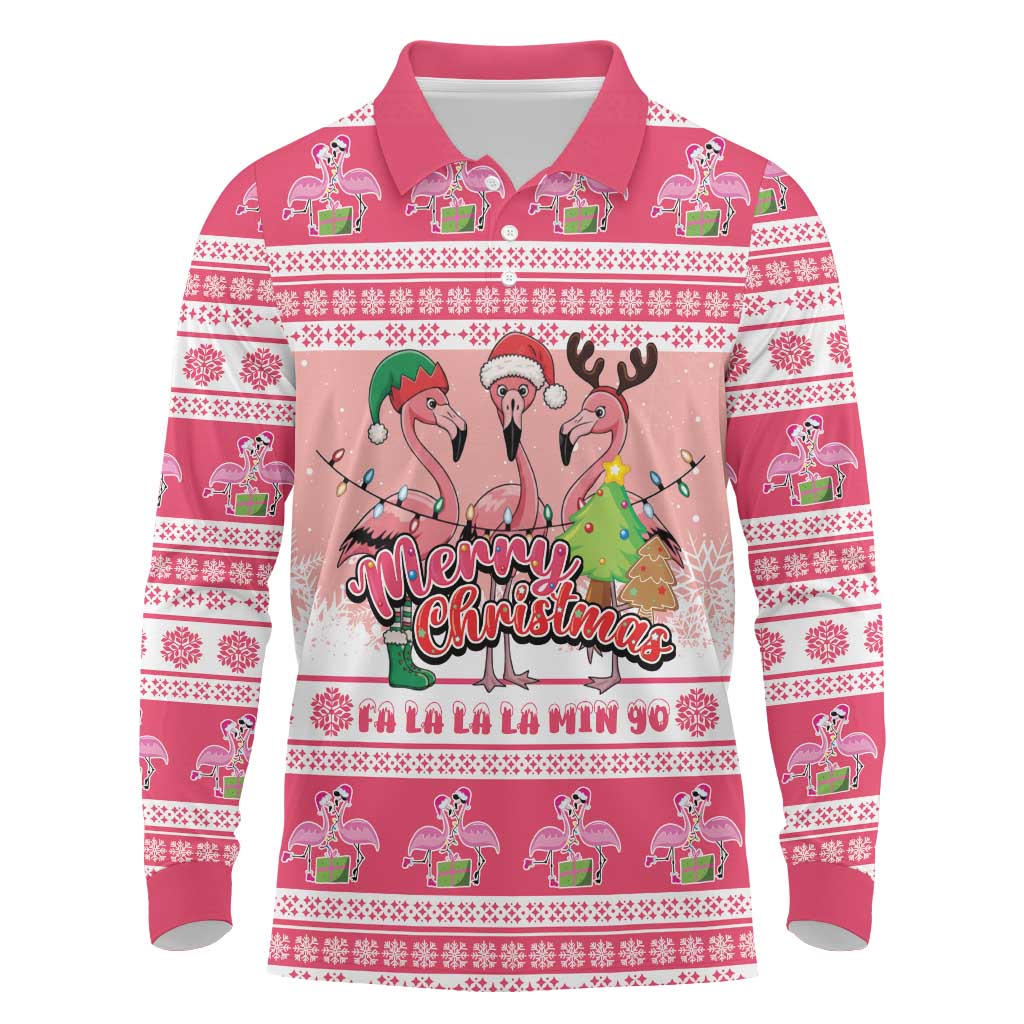 Flamingo Pink Christmas Long Sleeve Polo Shirt Fa La La La Min Go - Wonder Print Shop