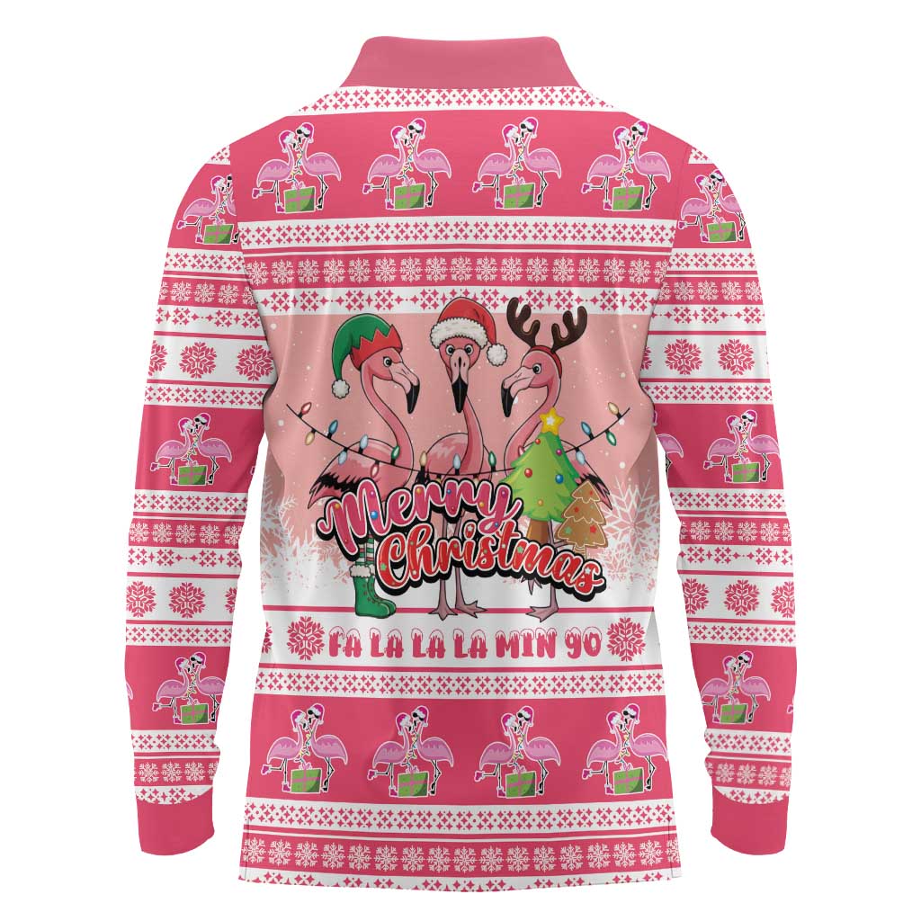 Flamingo Pink Christmas Long Sleeve Polo Shirt Fa La La La Min Go - Wonder Print Shop