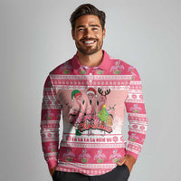 Flamingo Pink Christmas Long Sleeve Polo Shirt Fa La La La Min Go - Wonder Print Shop