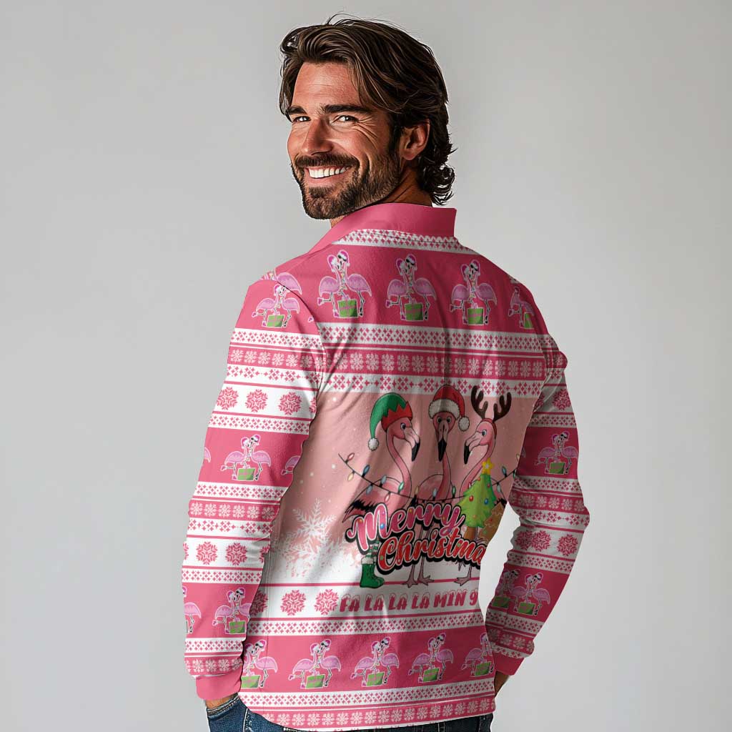 Flamingo Pink Christmas Long Sleeve Polo Shirt Fa La La La Min Go - Wonder Print Shop