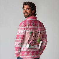 Flamingo Pink Christmas Long Sleeve Polo Shirt Fa La La La Min Go - Wonder Print Shop