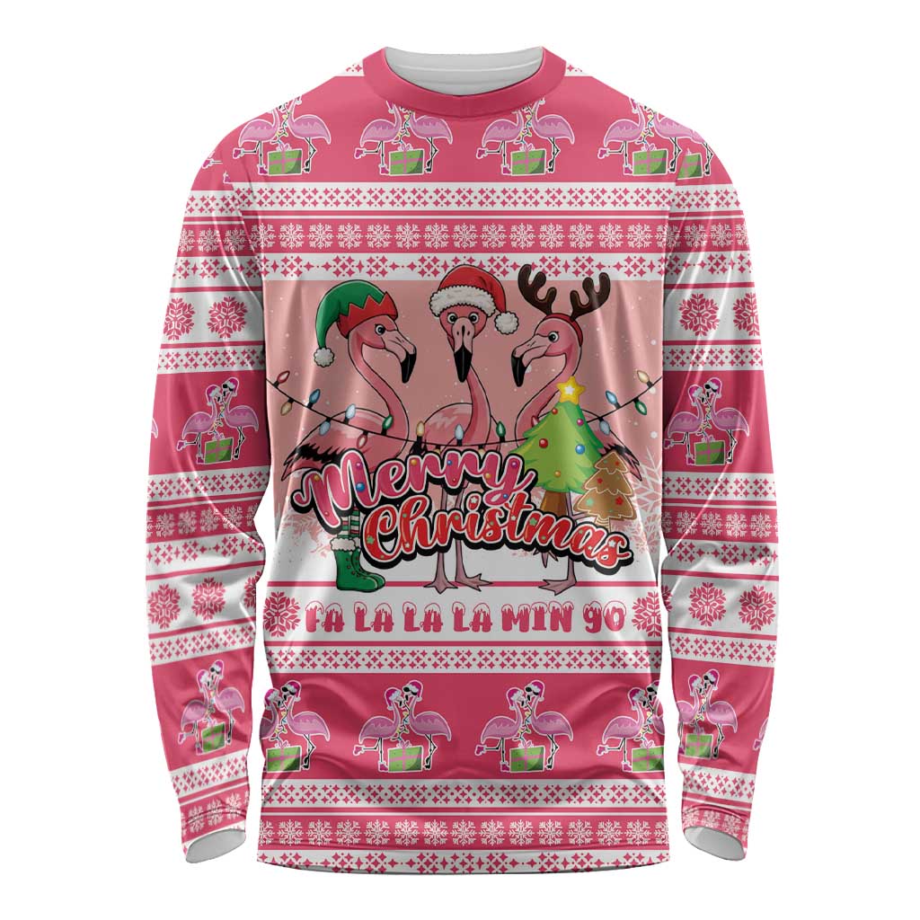 Flamingo Pink Christmas Long Sleeve Shirt Fa La La La Min Go - Wonder Print Shop