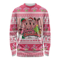 Flamingo Pink Christmas Long Sleeve Shirt Fa La La La Min Go - Wonder Print Shop