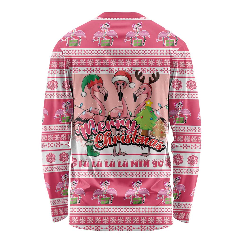 Flamingo Pink Christmas Long Sleeve Shirt Fa La La La Min Go - Wonder Print Shop