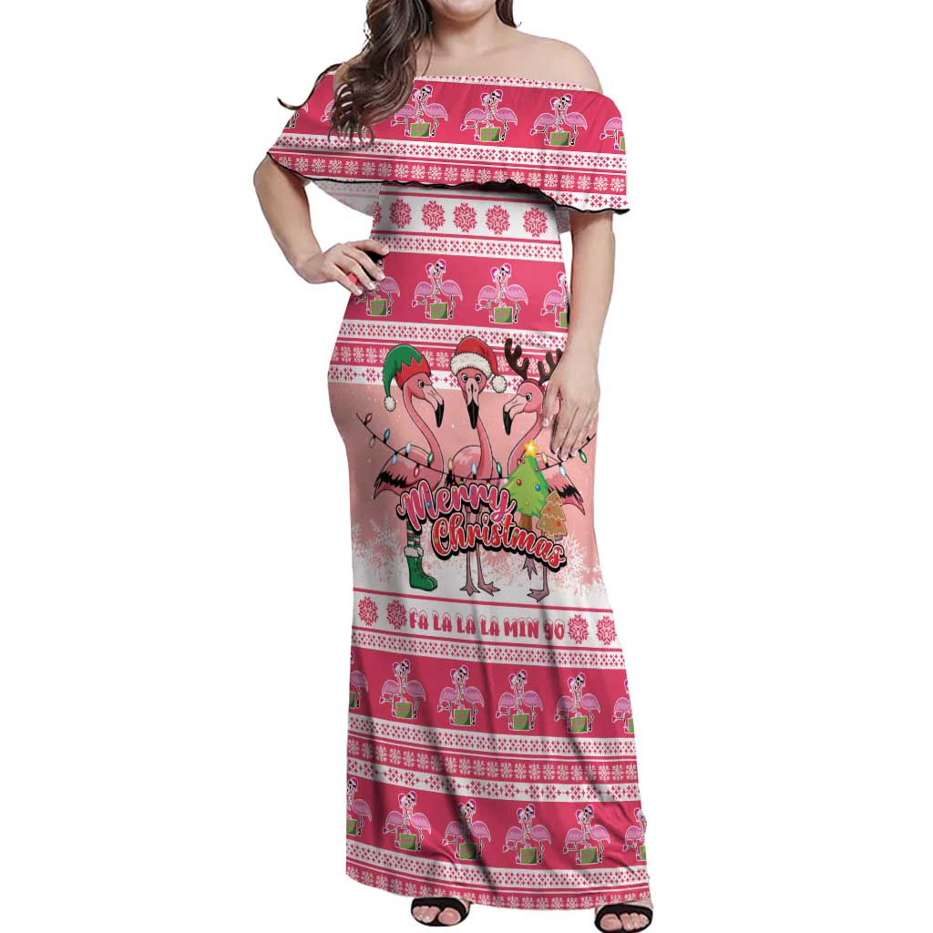 Flamingo Pink Christmas Off Shoulder Maxi Dress Fa La La La Min Go - Wonder Print Shop