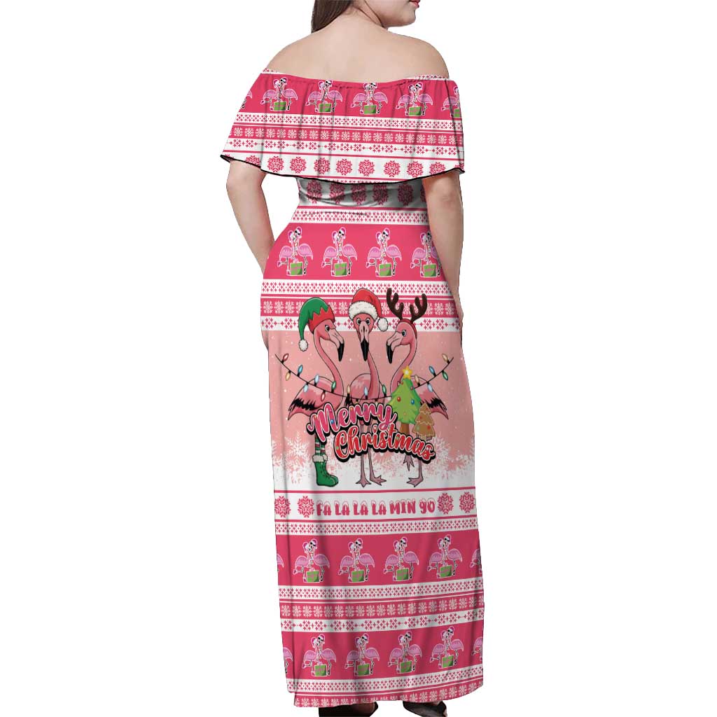 Flamingo Pink Christmas Off Shoulder Maxi Dress Fa La La La Min Go - Wonder Print Shop