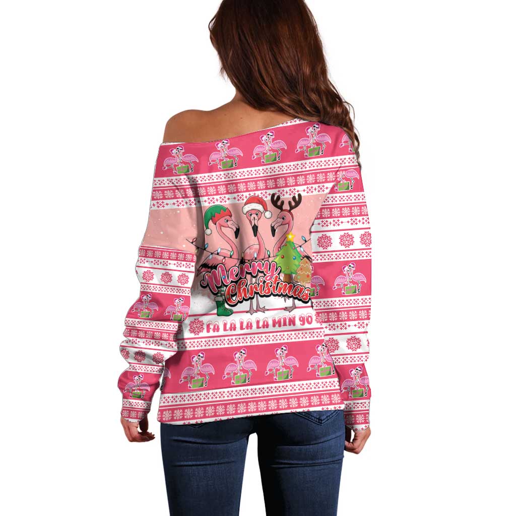 Flamingo Pink Christmas Off Shoulder Sweater Fa La La La Min Go - Wonder Print Shop