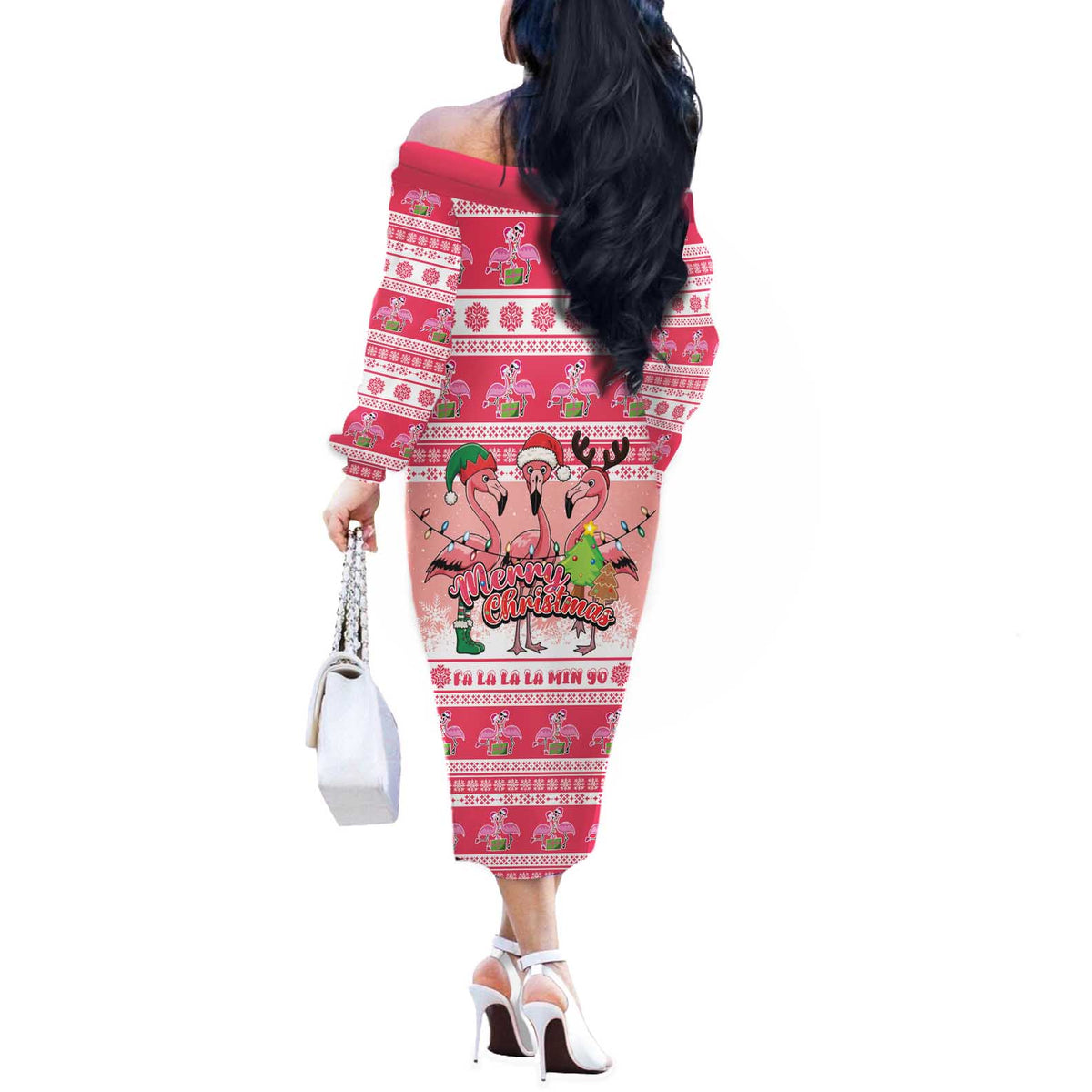 Flamingo Pink Christmas Off The Shoulder Long Sleeve Dress Fa La La La Min Go - Wonder Print Shop