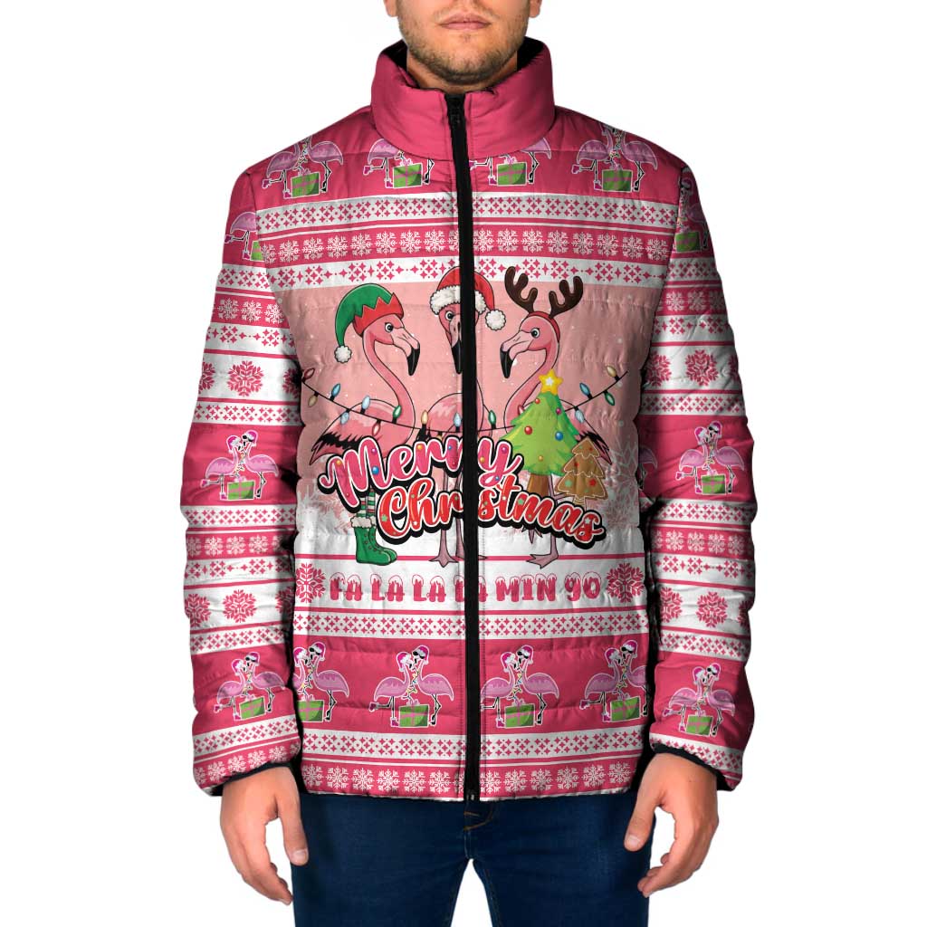 Flamingo Pink Christmas Padded Jacket Fa La La La Min Go - Wonder Print Shop