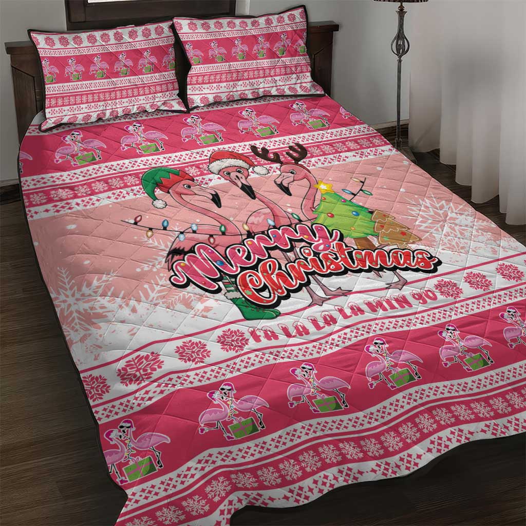 Flamingo Pink Christmas Quilt Bed Set Fa La La La Min Go - Wonder Print Shop