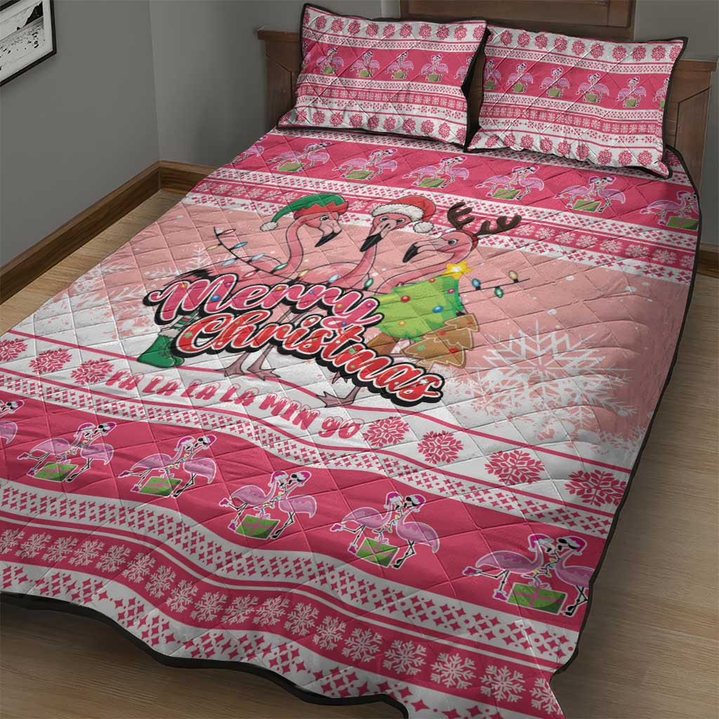 Flamingo Pink Christmas Quilt Bed Set Fa La La La Min Go - Wonder Print Shop