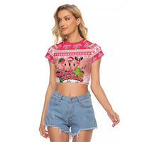 Flamingo Pink Christmas Raglan Cropped T Shirt Fa La La La Min Go - Wonder Print Shop