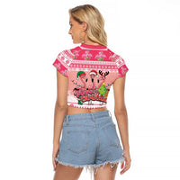 Flamingo Pink Christmas Raglan Cropped T Shirt Fa La La La Min Go - Wonder Print Shop