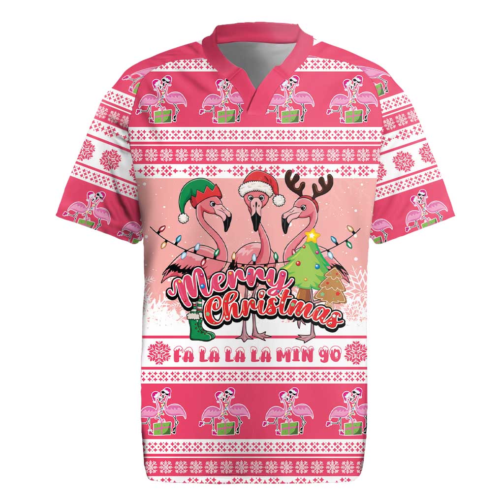 Flamingo Pink Christmas Rugby Jersey Fa La La La Min Go - Wonder Print Shop