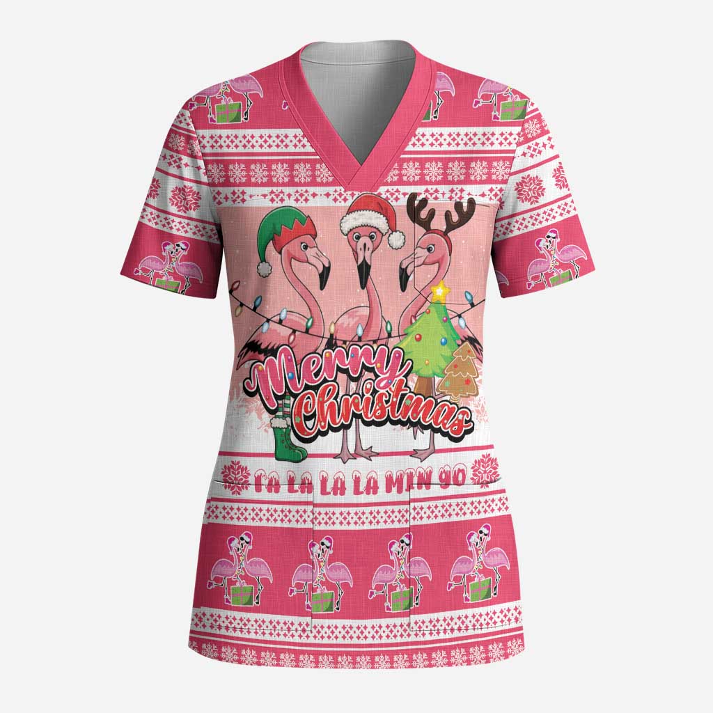 Flamingo Pink Christmas Scrub Top Fa La La La Min Go - Wonder Print Shop