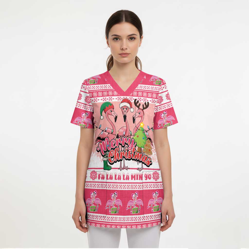 Flamingo Pink Christmas Scrub Top Fa La La La Min Go - Wonder Print Shop