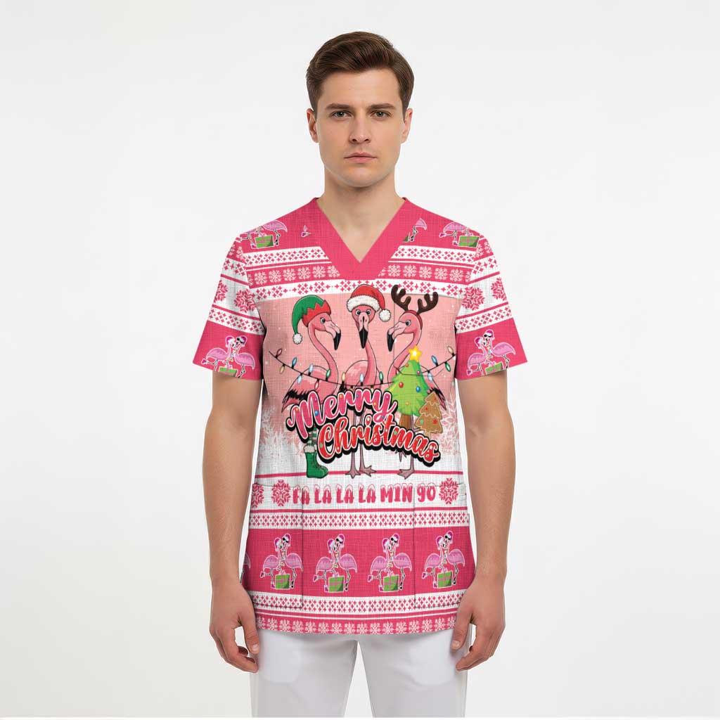 Flamingo Pink Christmas Scrub Top Fa La La La Min Go - Wonder Print Shop