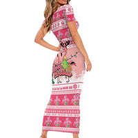 Flamingo Pink Christmas Short Sleeve Bodycon Dress Fa La La La Min Go - Wonder Print Shop