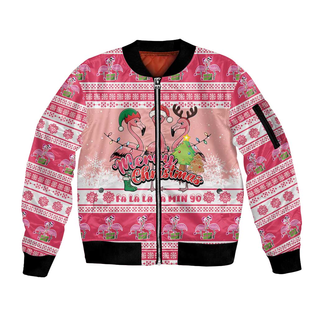 Flamingo Pink Christmas Sleeve Zip Bomber Jacket Fa La La La Min Go - Wonder Print Shop