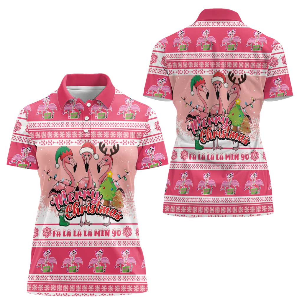 Flamingo Pink Christmas Women Polo Shirt Fa La La La Min Go - Wonder Print Shop