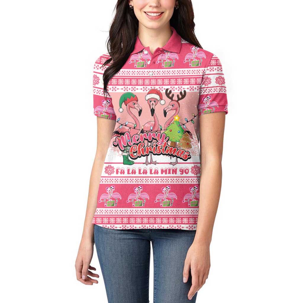 Flamingo Pink Christmas Women Polo Shirt Fa La La La Min Go - Wonder Print Shop