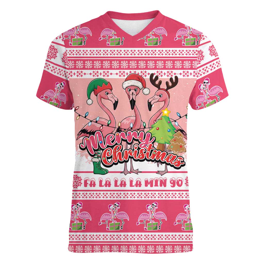 Flamingo Pink Christmas Women V-Neck T-Shirt Fa La La La Min Go - Wonder Print Shop