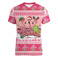 Flamingo Pink Christmas Women V-Neck T-Shirt Fa La La La Min Go - Wonder Print Shop