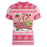 Flamingo Pink Christmas Women V-Neck T-Shirt Fa La La La Min Go - Wonder Print Shop