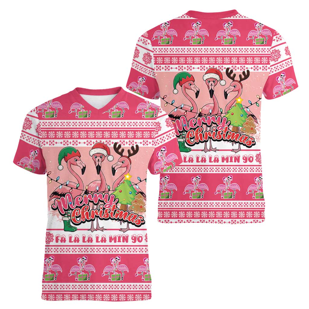 Flamingo Pink Christmas Women V-Neck T-Shirt Fa La La La Min Go - Wonder Print Shop