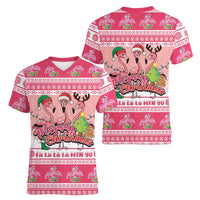 Flamingo Pink Christmas Women V-Neck T-Shirt Fa La La La Min Go - Wonder Print Shop