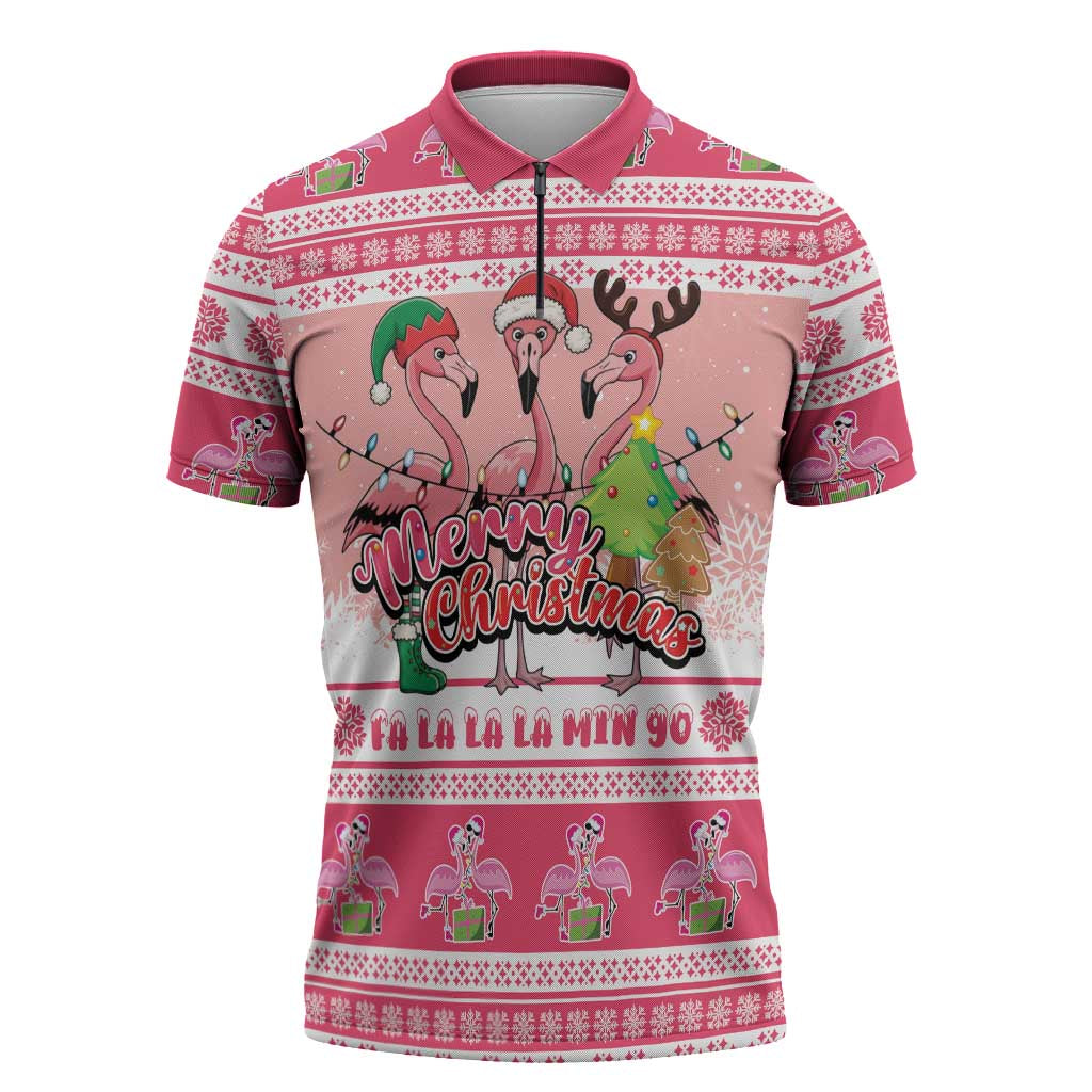 Flamingo Pink Christmas Zipper Polo Shirt Fa La La La Min Go - Wonder Print Shop
