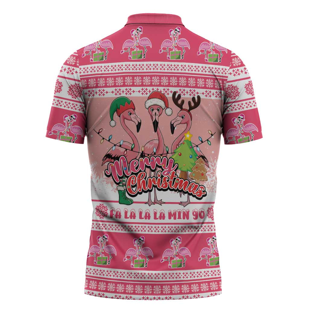 Flamingo Pink Christmas Zipper Polo Shirt Fa La La La Min Go - Wonder Print Shop