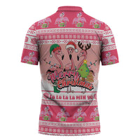 Flamingo Pink Christmas Zipper Polo Shirt Fa La La La Min Go - Wonder Print Shop