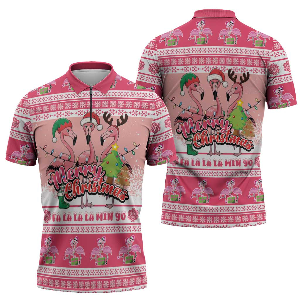 Flamingo Pink Christmas Zipper Polo Shirt Fa La La La Min Go - Wonder Print Shop