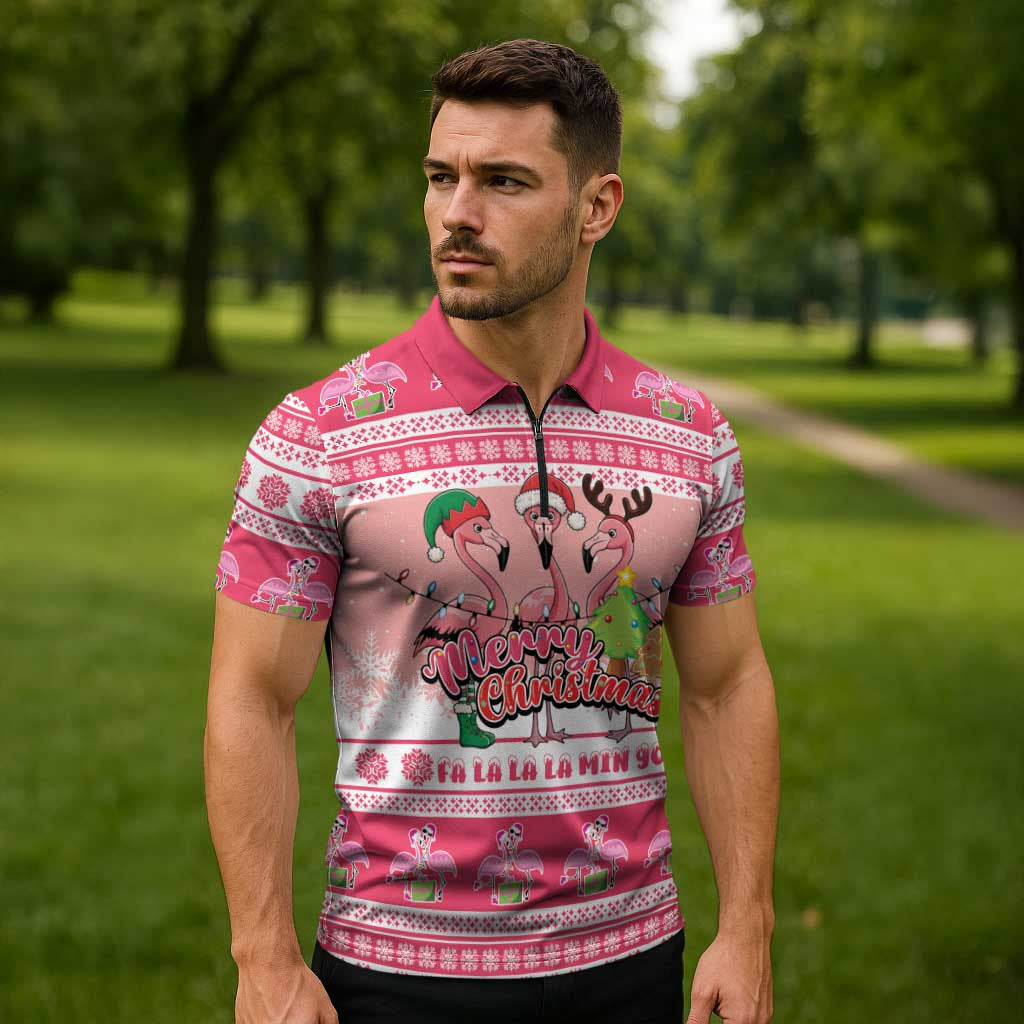 Flamingo Pink Christmas Zipper Polo Shirt Fa La La La Min Go - Wonder Print Shop