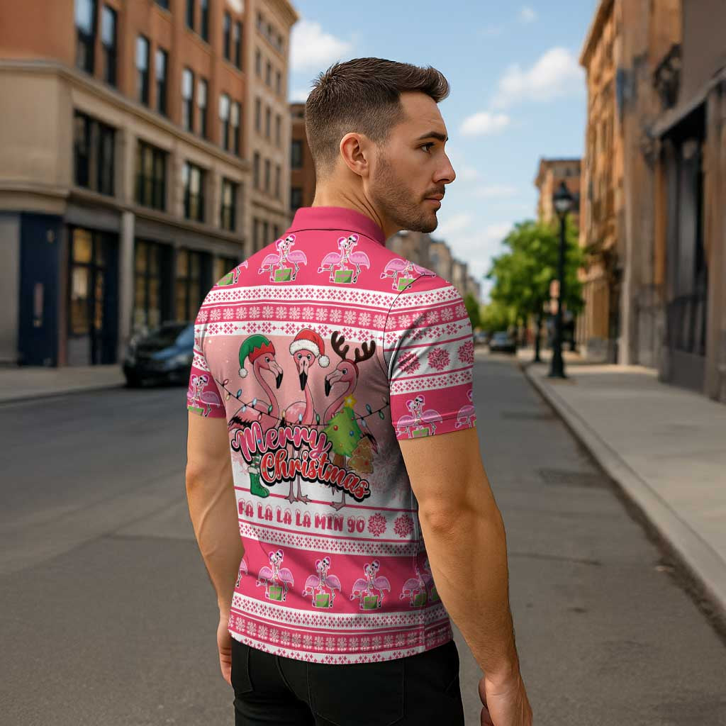 Flamingo Pink Christmas Zipper Polo Shirt Fa La La La Min Go - Wonder Print Shop