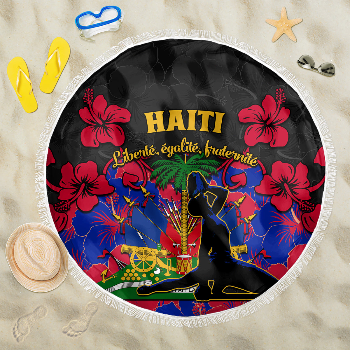 Haiti Independence Day Beach Blanket Hibiscus Neg Marron - Wonder Print Shop