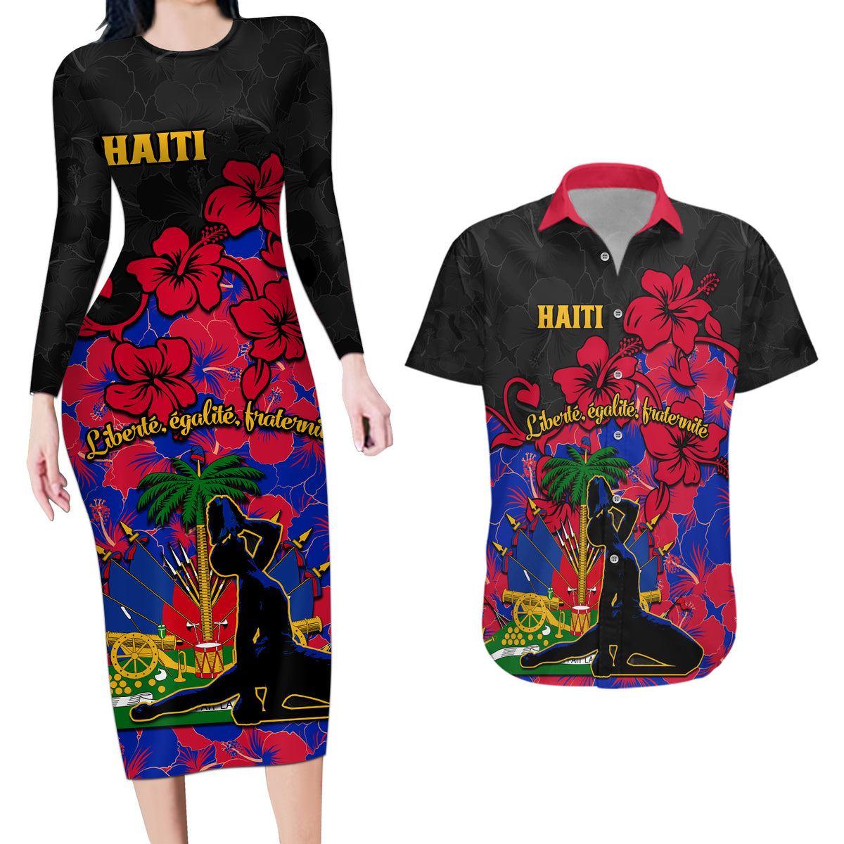 Haiti Independence Day Couples Matching Long Sleeve Bodycon Dress and Hawaiian Shirt Hibiscus Neg Marron - Wonder Print Shop