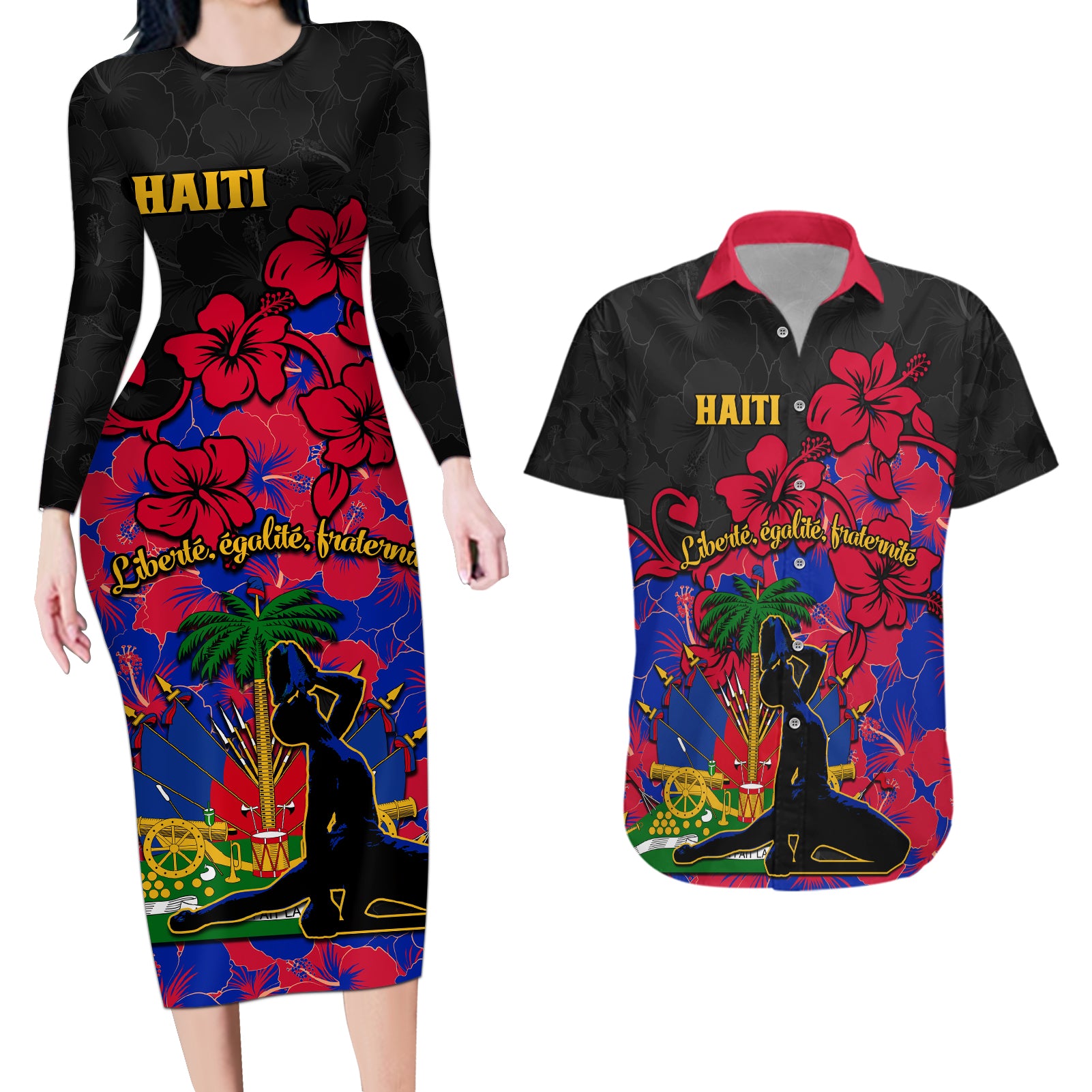 haiti-independence-day-couples-matching-long-sleeve-bodycon-dress-and-hawaiian-shirt-hibiscus-neg-marron