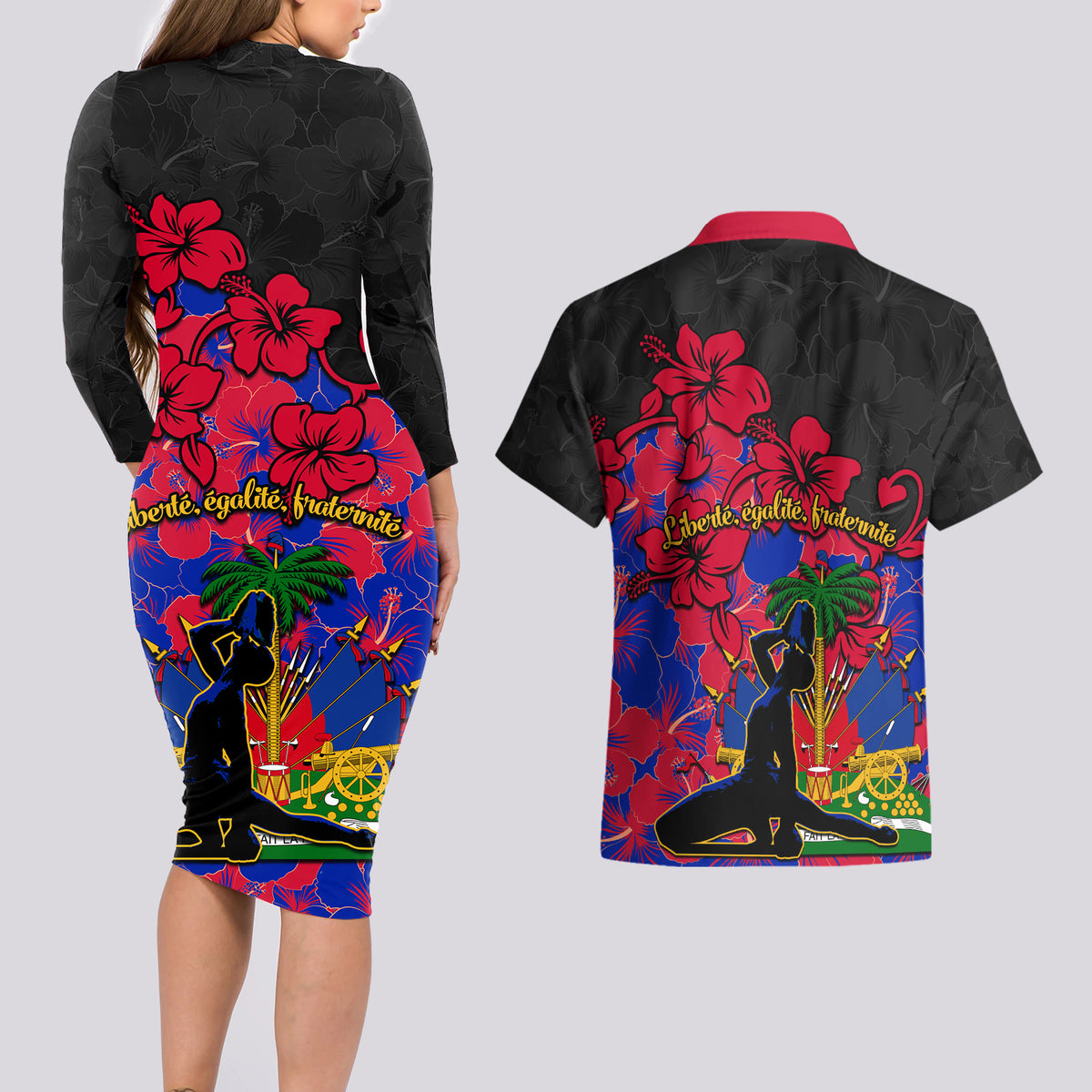 Haiti Independence Day Couples Matching Long Sleeve Bodycon Dress and Hawaiian Shirt Hibiscus Neg Marron - Wonder Print Shop