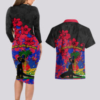 Haiti Independence Day Couples Matching Long Sleeve Bodycon Dress and Hawaiian Shirt Hibiscus Neg Marron - Wonder Print Shop