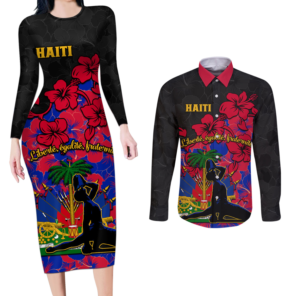 Haiti Independence Day Couples Matching Long Sleeve Bodycon Dress and Long Sleeve Button Shirt Hibiscus Neg Marron - Wonder Print Shop