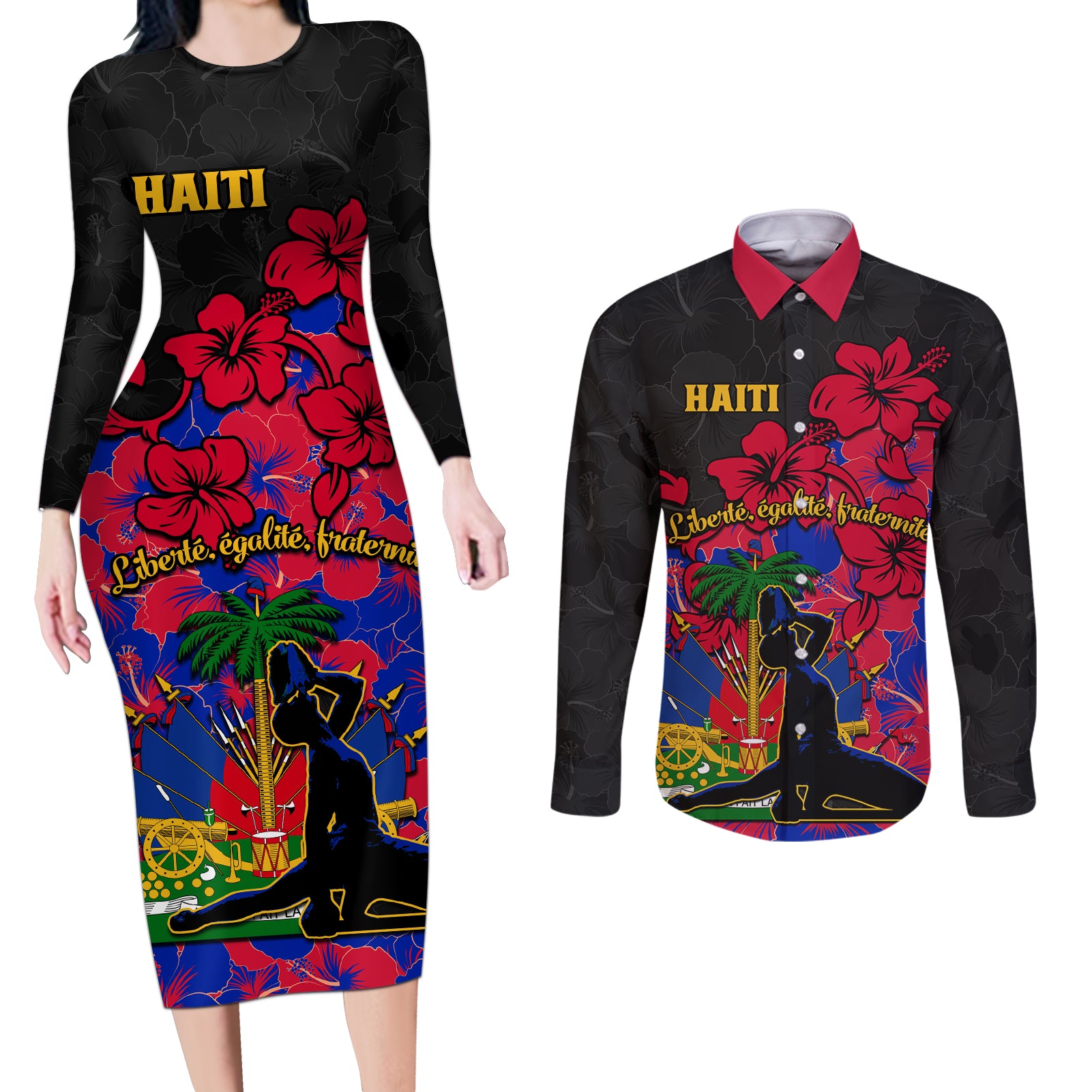 haiti-independence-day-couples-matching-long-sleeve-bodycon-dress-and-long-sleeve-button-shirt-hibiscus-neg-marron