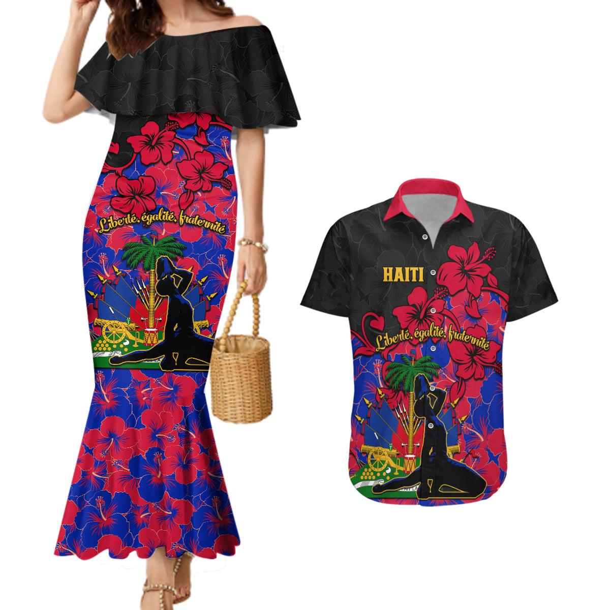 haiti-independence-day-couples-matching-mermaid-dress-and-hawaiian-shirt-hibiscus-neg-marron