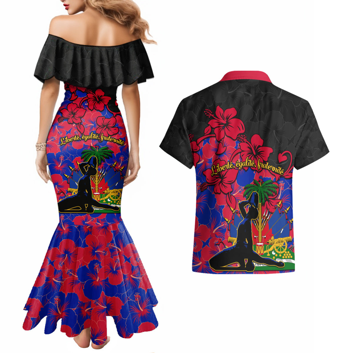 Haiti Independence Day Couples Matching Mermaid Dress and Hawaiian Shirt Hibiscus Neg Marron - Wonder Print Shop