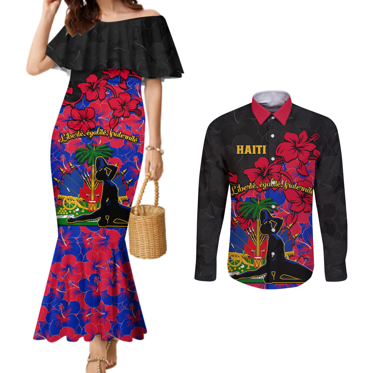 haiti-independence-day-couples-matching-mermaid-dress-and-long-sleeve-button-shirt-hibiscus-neg-marron