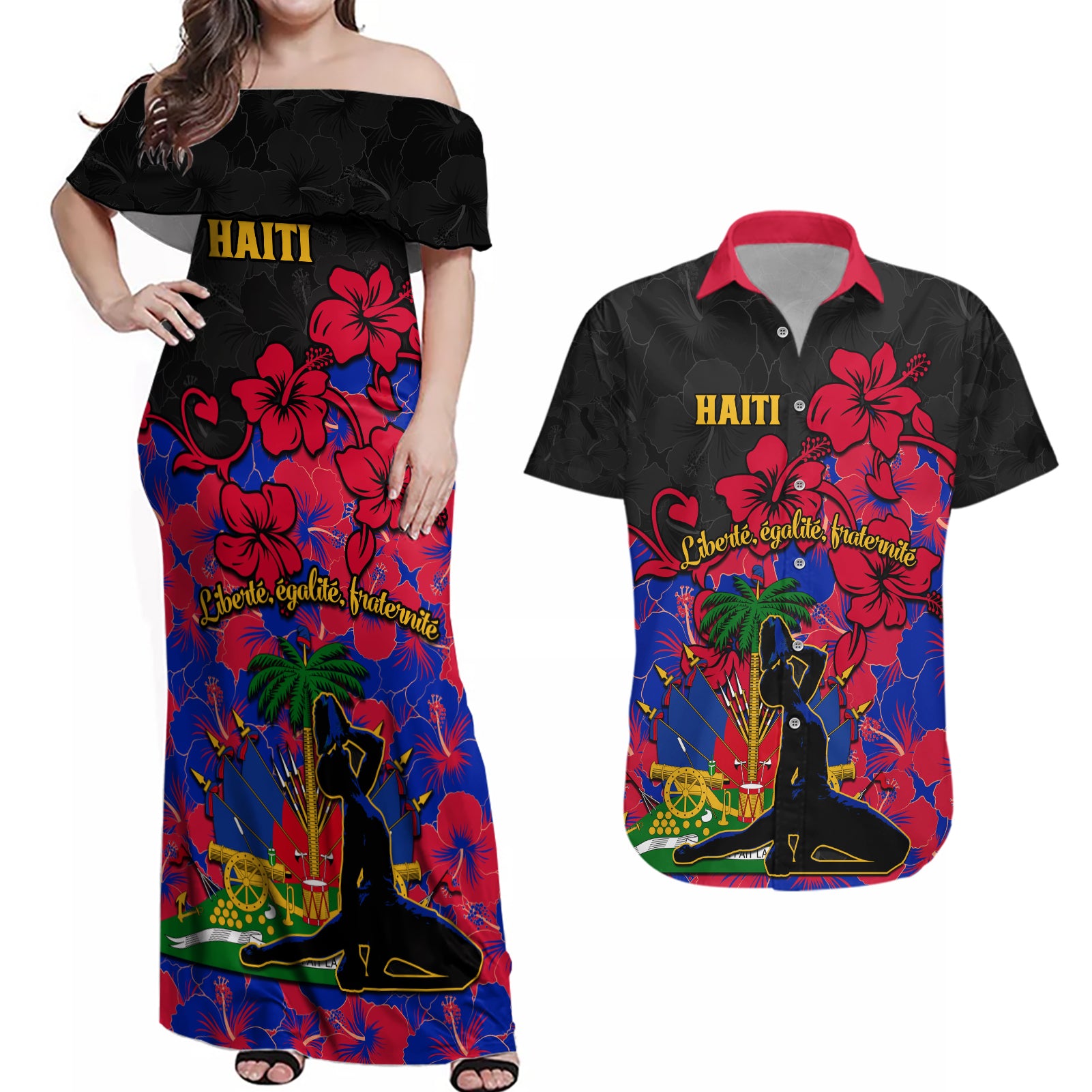 haiti-independence-day-couples-matching-off-shoulder-maxi-dress-and-hawaiian-shirt-hibiscus-neg-marron